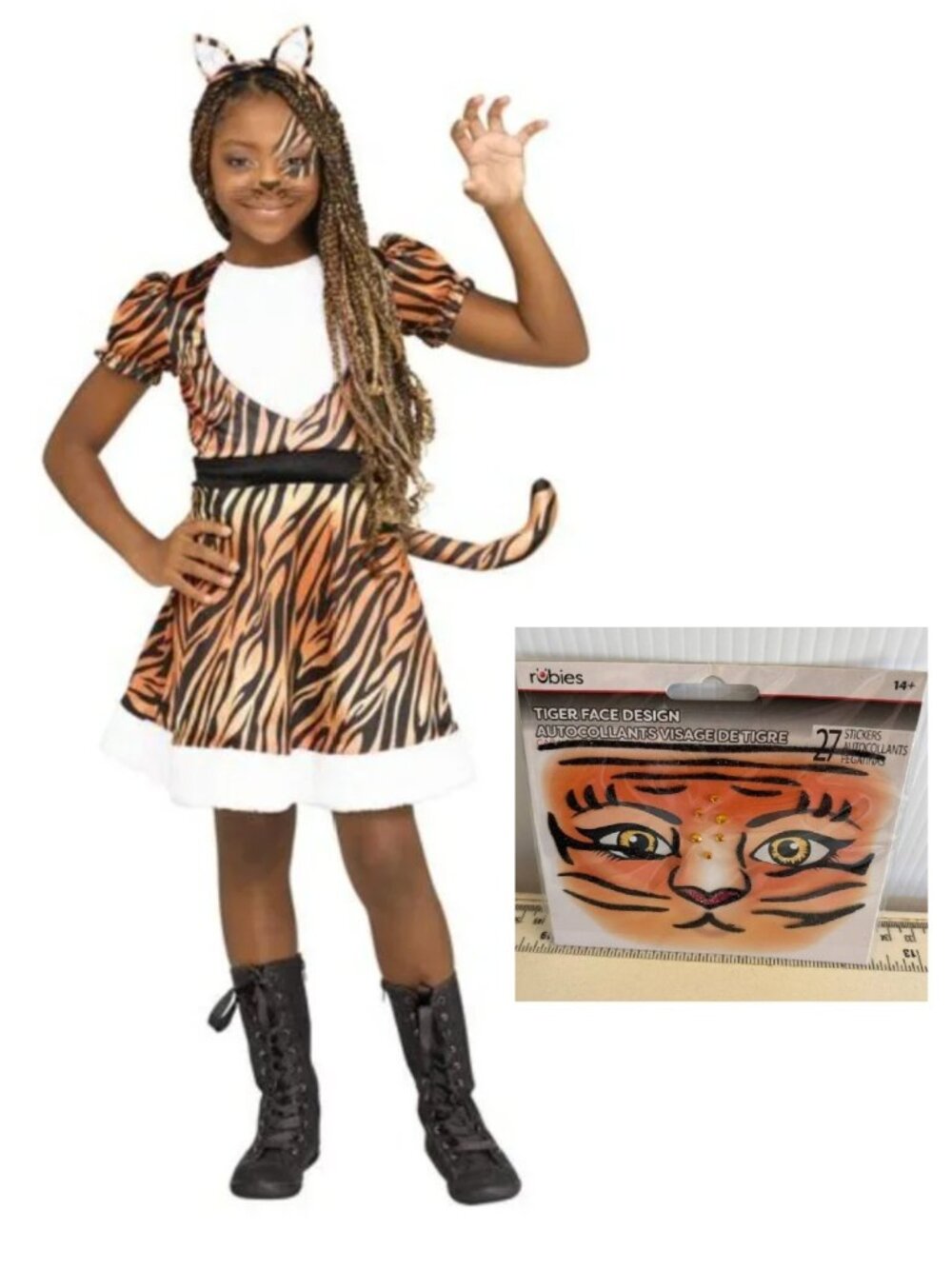 Tiger Tigress & Face Kit Halloween Costume 8/10 Dress, Tail, Headband Girls